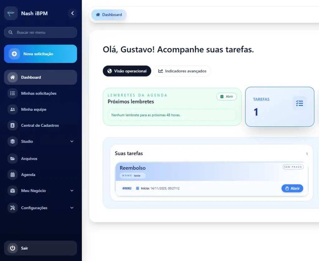 Painel de gestão do sistema iBPM Nash