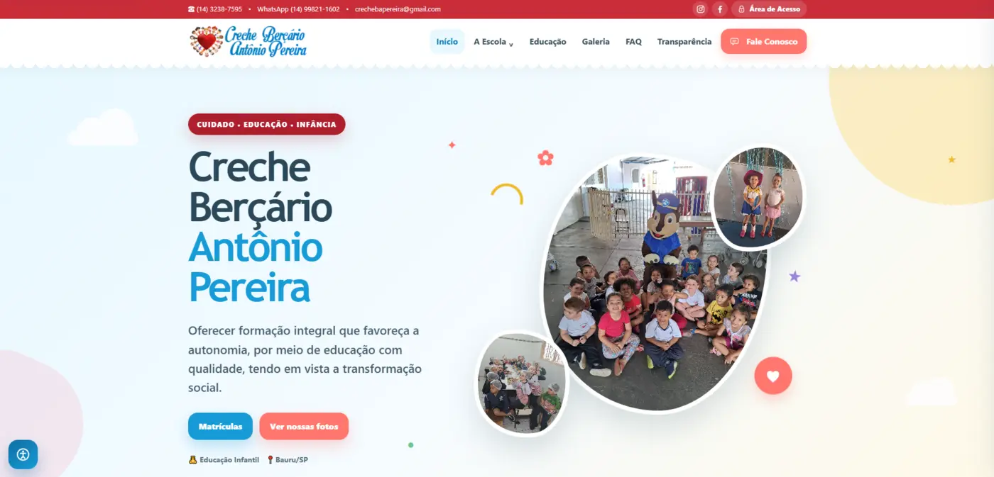 Página inicial do site da Creche Antônio Pereira