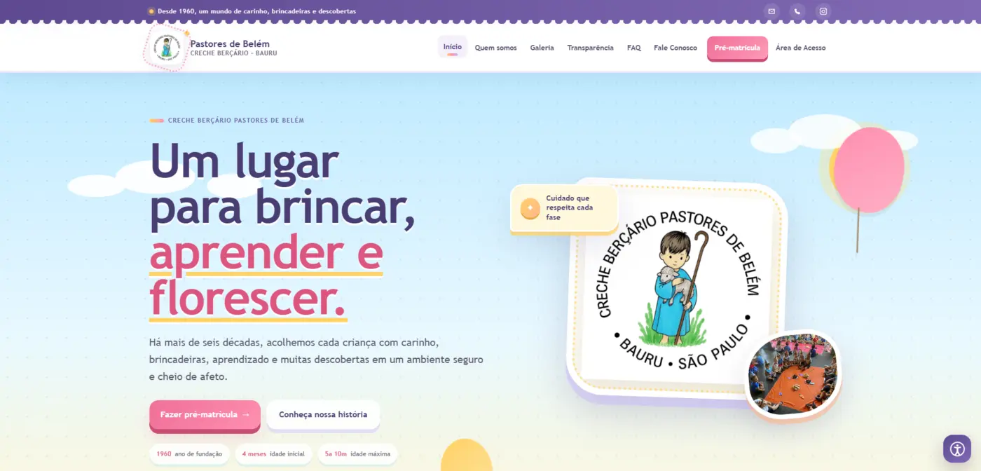 Página inicial do site da Creche Pastores de Belém